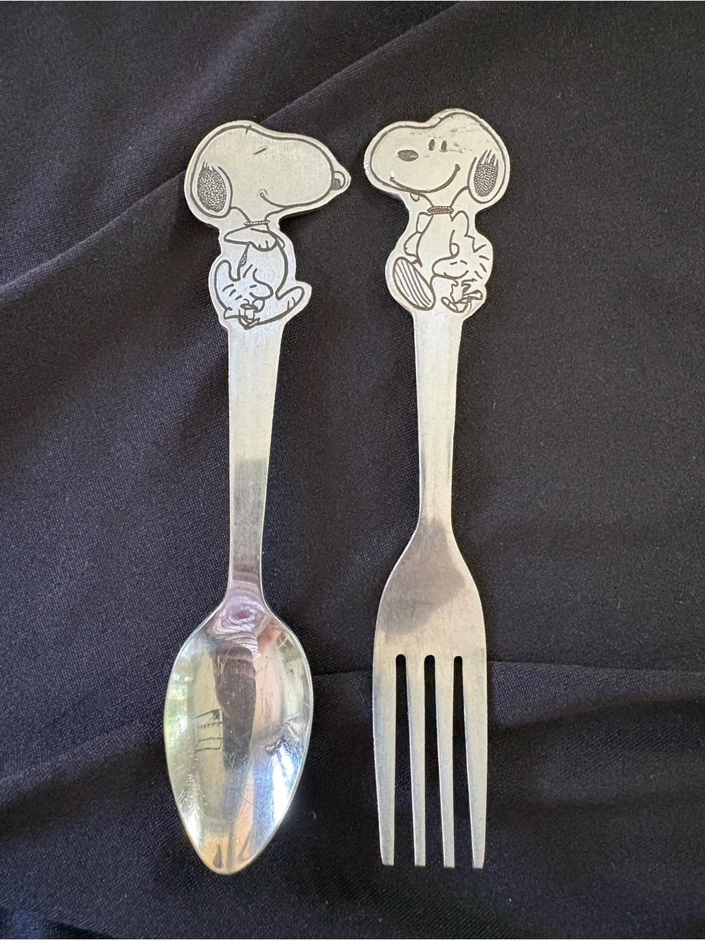 Antique Snoopy & Woodstock Child Spoon and Fork Set - Silver Tone
